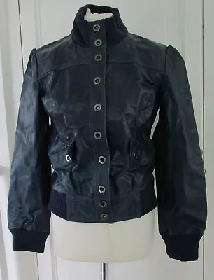 Buy NEW 1990s Vintage Debenhams Red Herring Navy Blue Leather Bomber Jacket UK 14 • 1.10£