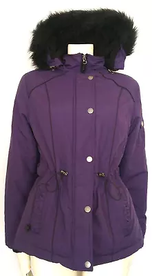 Buy M&s Per Una Purple Women Quilt Lined Parka Jacket Faux Fur Hood Coat Uk M • 17.99£