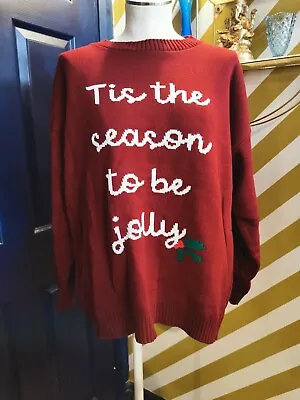 Buy Ladies Xmas Jumper Maroon Red Very Oversized UK 6-8  Tis The Season To Be Jolly  • 12.99£