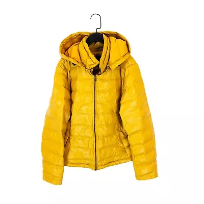 Buy Zara Mustard Yellow Faux Leather Hooded Puffer Coat Jacket - Size XXL • 25£