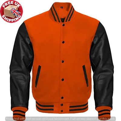 Buy Letterman Baseball Bomber Varsity Jacket Orange Wool & Black Leather Sleeves • 79.99£
