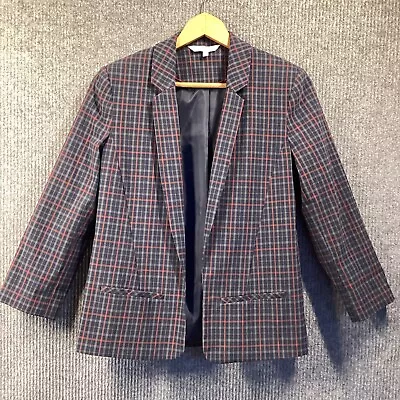 Buy Red Herring Womens Navy Blue Plaid Open Front Blazer Jacket Size 8 • 10£