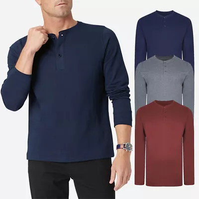 Buy Ex Mens Long Sleeve T-Shirt Grandad Plain Buttons Casual Regular Hanley Tops • 6.99£