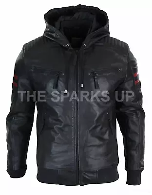 Buy Mens Hooded Motorcycle Biker Red Stripes Quilted Shoulders Bomber Leather Jacket • 99.99£