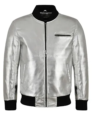 Buy Men's Real Leather Bomber Jacket Silver Napa Street Inspired Biker Style 275-Z • 149.69£