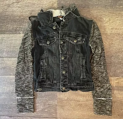 Buy Free People Distressed Denim Jacket With Knit Sleeves Removable Hoodie Size XS • 28.42£