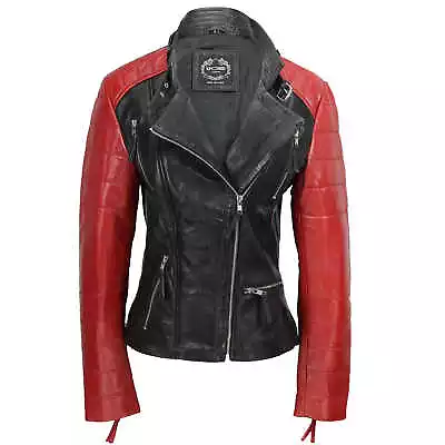 Buy Ladies Womens Black Red Soft Genuine Real Leather Biker Style Jacket Fitted • 69.99£