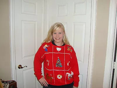 Buy Ugly Tacky Christmas X Mas Reindeer Jingle Bell Tree Red Funny Sweater M • 25.25£