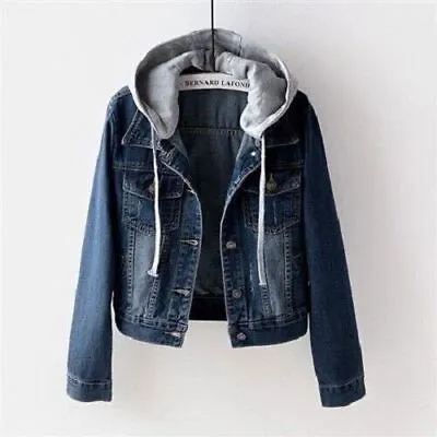Buy Womens Casual Denim Jacket Coat Ladies Hoodies Outwear Hooded Jeans Tops | Grey • 20.30£