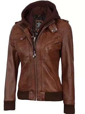 Buy Women's Real Leather Cognac Bomber Jacket With Removable Hood - Size Medium • 99£