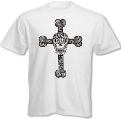 Buy Sugar Skull T-Shirt And Cross Mens Gothic Style Fashion Biker Tattoo Motorbike • 8.49£