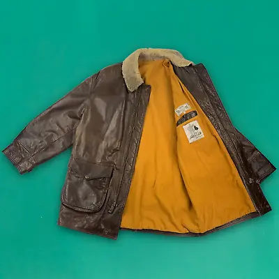 Buy Vintage Heavy Leather Flight Jacket Fleece Lined Full Zip Brown Made In Italy XL • 119.99£