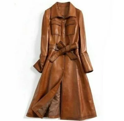 Buy Italian Style Overcoat Tan Real Leather Trench Coat, Sashes Belt Long Jacket • 209£
