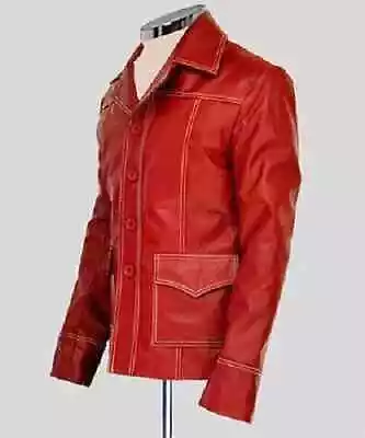Buy Fight Club Brad Pitt Real Leather Jacket Red FC Coat • 24.99£