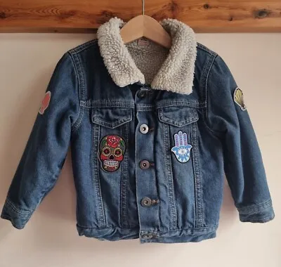 Buy Baby Boy Toddler Blue Denim Sherpa Jacket Coat With Patches Size 18 - 24 M • 10.99£