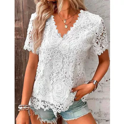 Buy Ladies Casual T-shirt Women Lace V Neck Blouse Shirts Short Sleeve Summer Tops • 9.55£