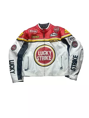 Buy LUCKY STRIKE Leather Motorcycle Jacket White/red Schwantz, Men’s Large • 179.99£