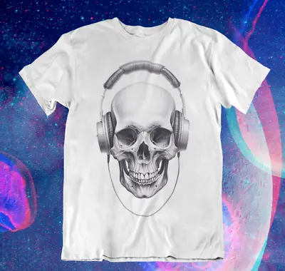 Buy Skull With Headphones T Shirt | Skeleton | Music | DJ | EDM | Rave | Unisex V3 • 12.95£