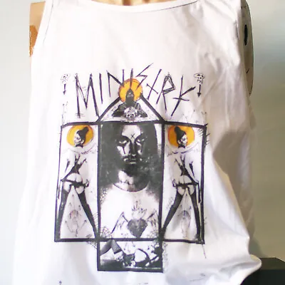 Buy Ministry Industrial Metal Rock T-shirt Sleeveless Vest Top White Unisex S-2XL • 14.99£