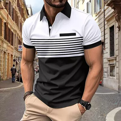 Buy Mens Polo Shirt Colorblock T Shirts Men Short Sleeve Casual Slim Fit Golf Tops • 12.29£
