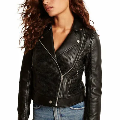 Buy Abercrombie & Fitch Womens Leather Biker Jacket Vegan Perforated Moto A&F Black • 49.99£