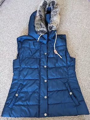 Buy Womens Barbour Navy Gilet With Fur Trim Hood Size 10 Fibre Down Material • 50£