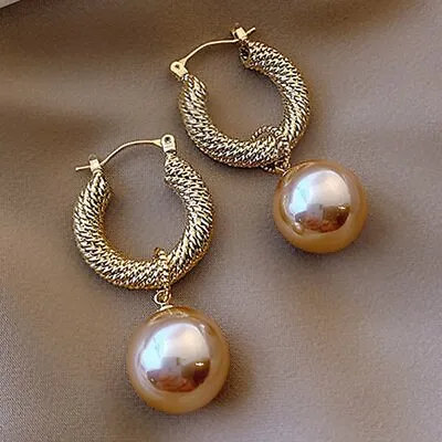 Buy Fashion Champagne Pearl Earrings Drop Dangle Hoop Women Wedding Jewelry Gift New • 3.23£