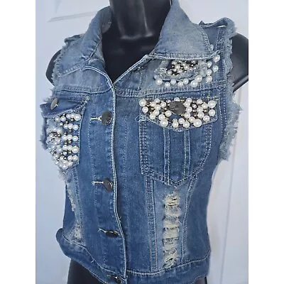 Buy LLove Womens Pearl Design Destroyed Denim Jacket Small • 16.06£
