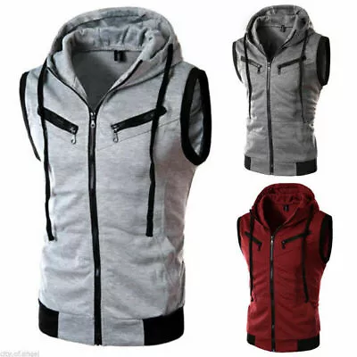 Buy Man Sleeveless Hoodie Hooded Sweatshirt Zip Up Vest Jacket Casual Waistcoat Top/ • 18.20£