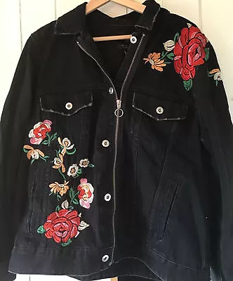 Buy Zara Embroidered Black Denim Jacket L 14 16 • 39£
