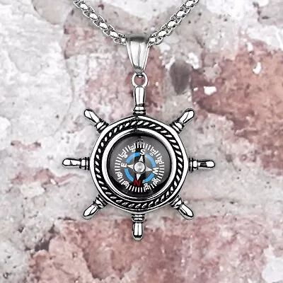 Buy Rudder Real Compass Never Fade Silver Long Necklace Ship Pirate  Pendant Chain • 10.36£