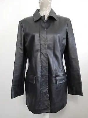 Buy Womens Leather Jacket Size 12 14 Retro Y2K Collared Long Goth Coat Button Up • 29.99£