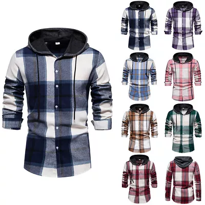 Buy Men's Button Plaid Hoodie Checked Jumper Shirt Casual Long Sleeve Sweatshirts • 13.69£