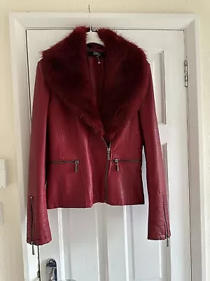 Buy BNWOT STAR Julian Macdonald Dark Red Faux Leather Jacket Removable Fur Collar 10 • 48£
