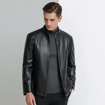 Buy Spring Men's Stand Collar Natural Faux Sheep Leather Jacket Jacket Casual Jacket • 143.80£