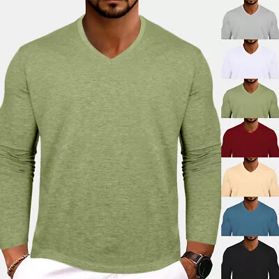 Buy Men Muscle Slim Fit T Shirt V Neck Casual Long Sleeve Solid Basic Grandad Tops • 10.92£