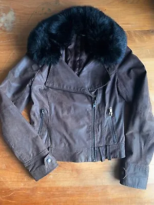 Buy Jane Norman Vintage Y2K Brown Distressed Suede Leather & Black Faux Fur Jacket S • 16.99£