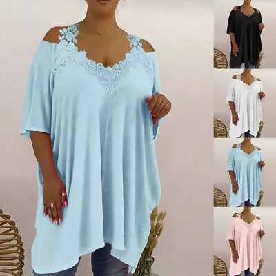 Buy Plus Size Womens Lace V-Neck Tunic Tops Ladies Cold Shoulder Casual Loose Shirt • 3.59£