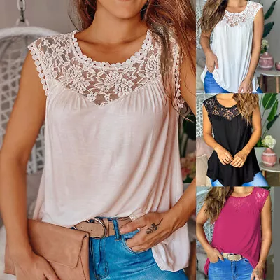Buy Womens Lace Sleeveless Tank Tops Ladies Summer Loose Casual Blouse Vest T Shirt • 10.19£