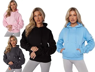 Buy Womens Ruched Sleeve Oversized Hooded Ladies Hoodie Sweatshirt Jumper Top 8-14 • 13.95£
