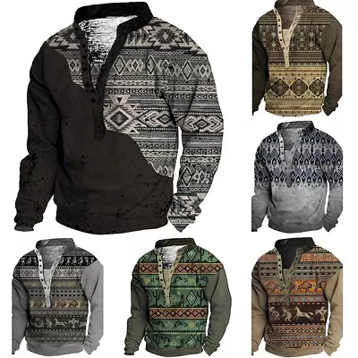 Buy Men's Vintage Ethnic Henley Collar Hoodie Graphic Pullover Outerwear (L 3XL) • 12.54£