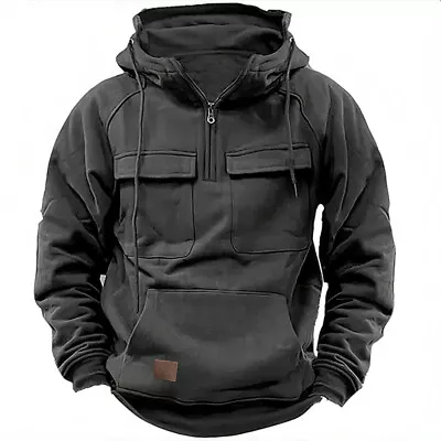 Buy Mens Cargo Hoodies Tops Casual Baggy Combat Pocket Hooded Sweatshirt Outdoor UK • 15.99£