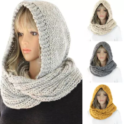 Buy Women Plain Multifunctional Thermal Hooded Hat Neck Warmer Snood Scarf Knit Hood • 17.59£