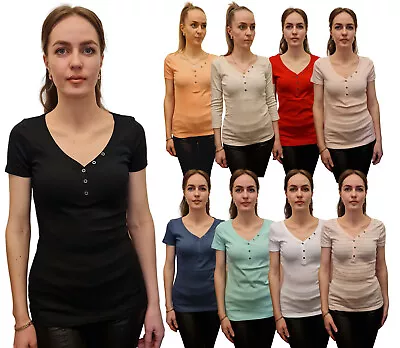 Buy Ladies T-Shirt Y-Neck Short And 3/4 Sleeve Stretch 100% Cotton RRP £20 • 4.99£
