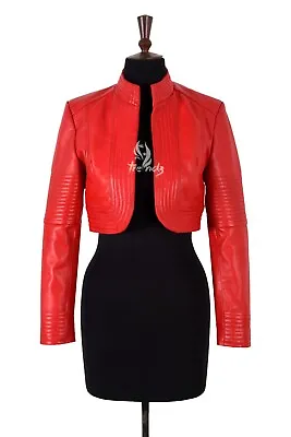 Buy Ladies Elegant Look Real Leather Red Cropped Shrug Bolero Slim-Fit Jacket Ashley • 89.99£