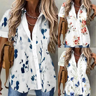 Buy Womens V Neck Floral Tee T Shirt Ladies Boho Casual Loose Blouse Tops Plus Size • 3.29£