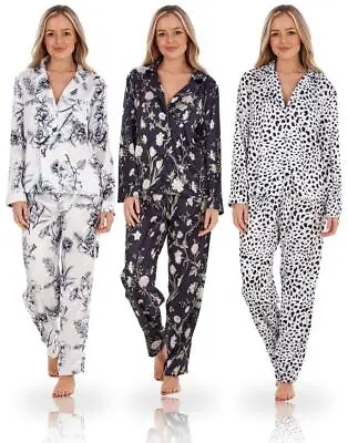 Buy Ladies Long Sleeve Printed Floral Animal Print Satin PJ'S Long Sleeve Pyjamas • 11.99£