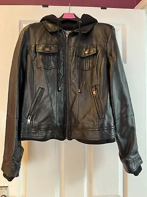 Buy Ladies Ashley By 26 International Black Bomber Jacket Small Faux Leather Hooded • 27£