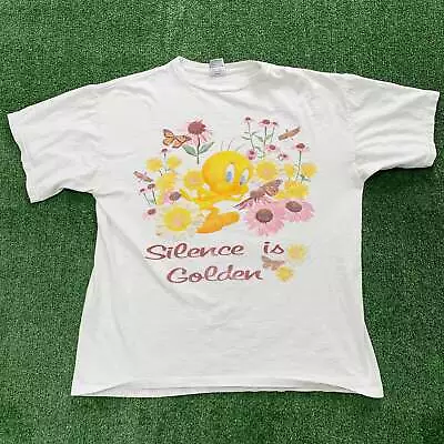 Buy Vintage T Shirt Mens Medium White Graphic Print 90s Looney Tunes Tweety Cartoon • 18£