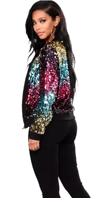 Buy Women Ladies Sequin Glitter Bomber Jacket Biker Festival Clubbing Party Club Top • 22.99£